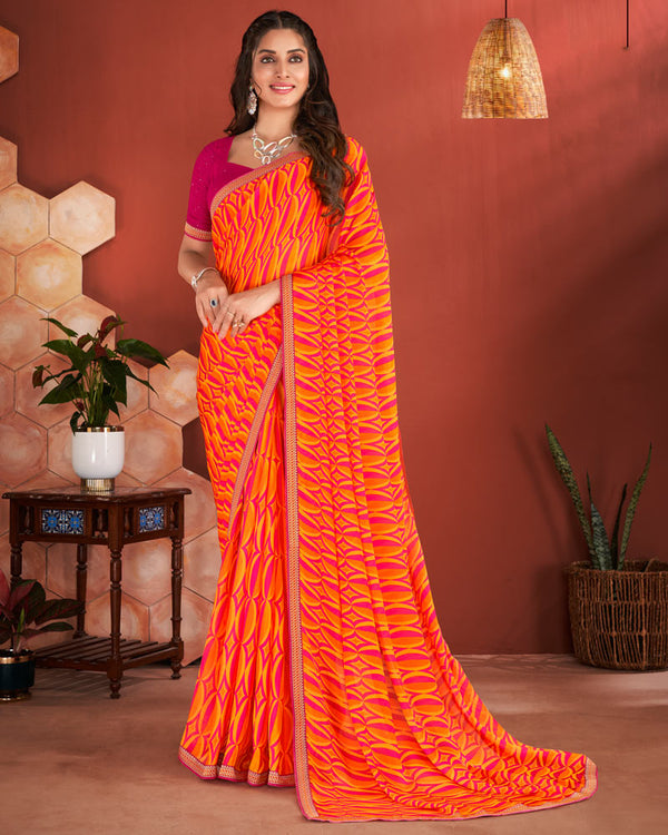 Vishal Prints Yellowish Orange Printed Chiffon Saree With Zari Border