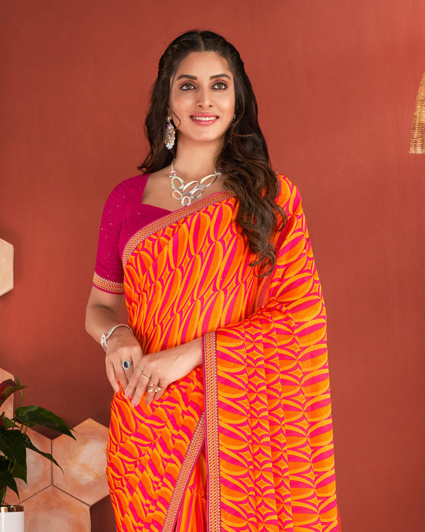 Vishal Prints Yellowish Orange Printed Chiffon Saree With Zari Border