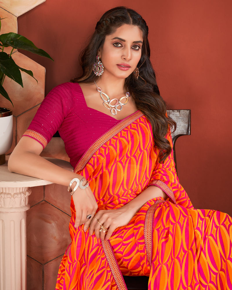 Vishal Prints Yellowish Orange Printed Chiffon Saree With Zari Border