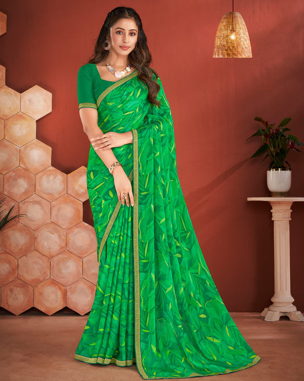 Vishal Prints Dark Green Printed Chiffon Saree With Zari Border