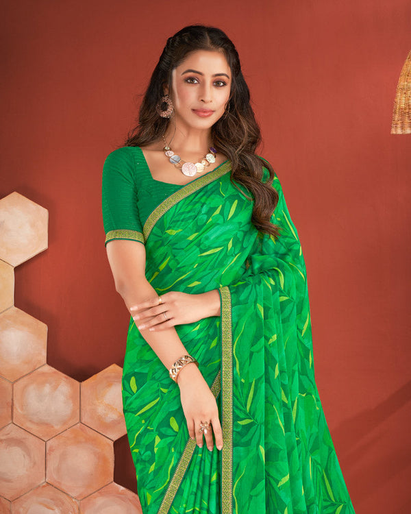 Vishal Prints Dark Green Printed Chiffon Saree With Zari Border