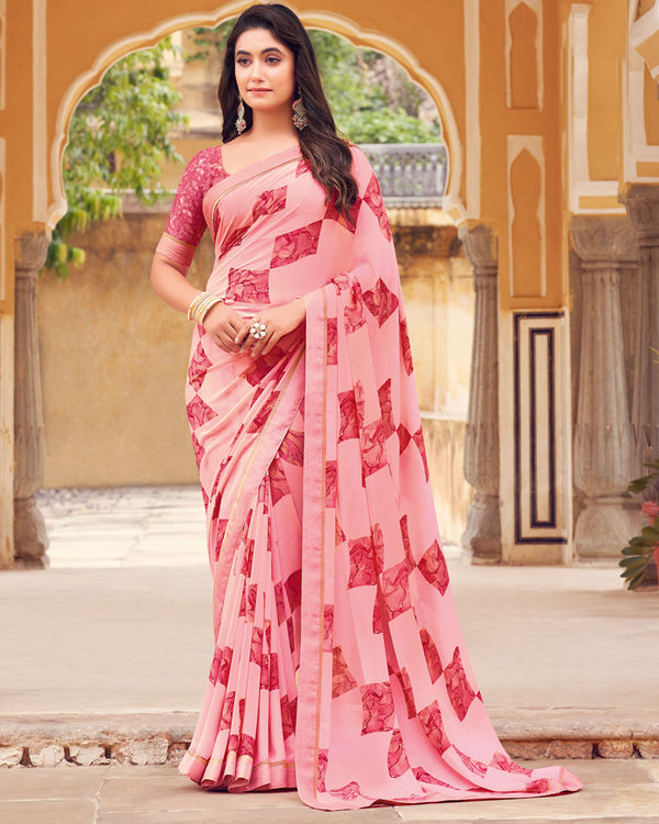 Vishal Prints Coral Pink Printed Georgette Saree With Fancy Border