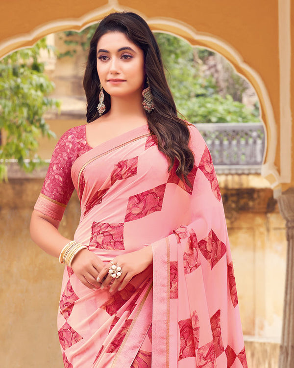 Vishal Prints Coral Pink Printed Georgette Saree With Fancy Border