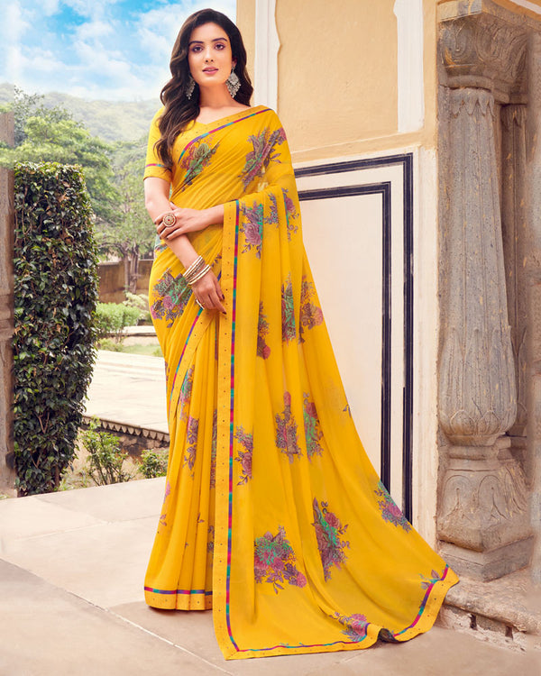 Vishal Prints Golden Yellow Printed Georgette Saree With Fancy Border