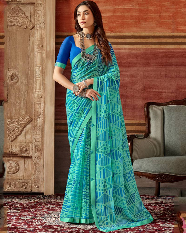 Vishal Prints Aqua Green Printed Georgette Saree With Fancy Border