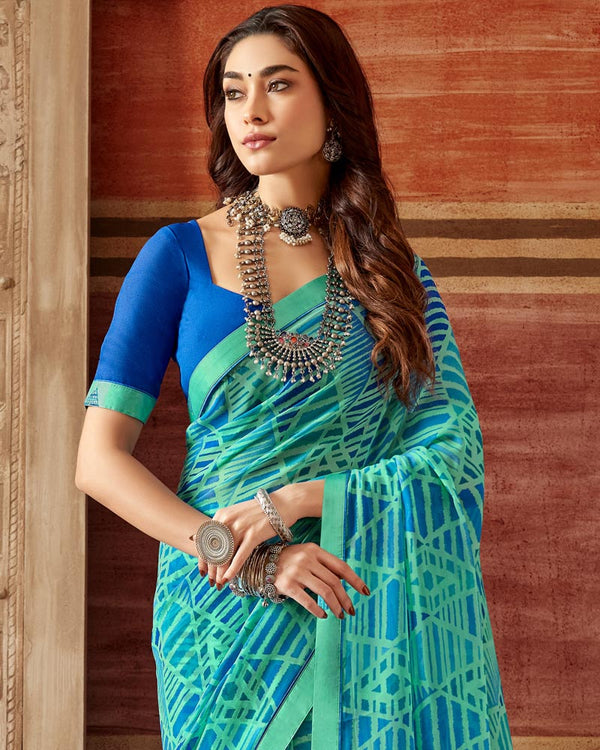 Vishal Prints Aqua Green Printed Georgette Saree With Fancy Border