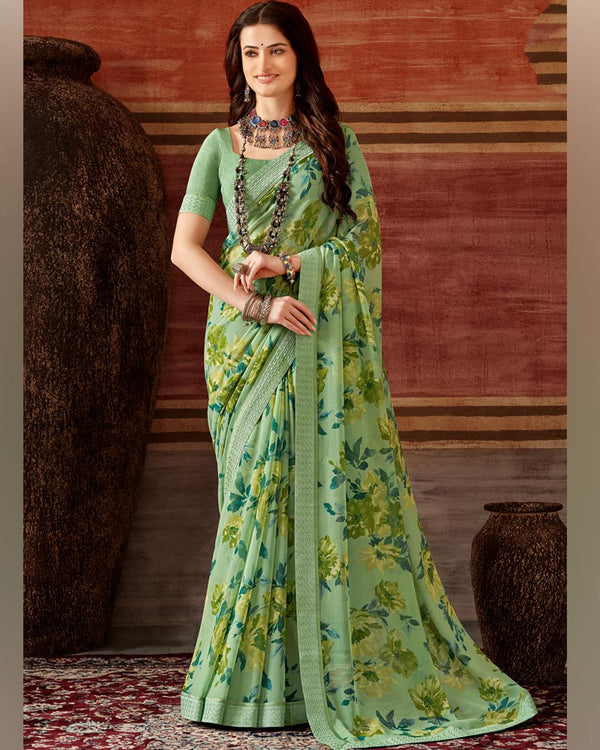 Vishal Prints Turquoise Green Printed Georgette Saree With Fancy Border