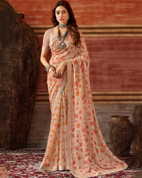 Vishal Prints Tan Pink Printed Georgette Saree With Fancy Border