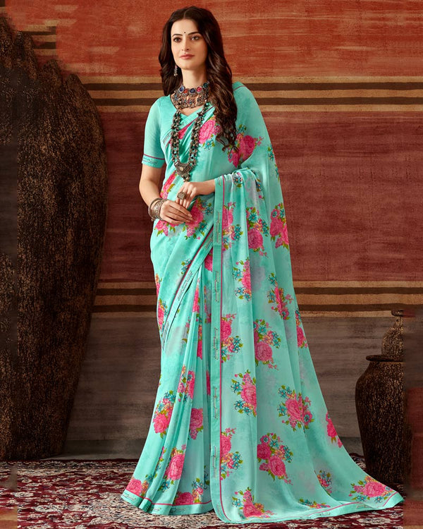 Vishal Prints Turquoise Blue Printed Georgette Saree With Fancy Border