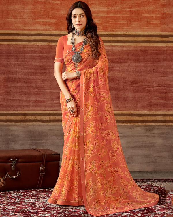 Vishal Prints Dark Coral Printed Georgette Saree With Fancy Border