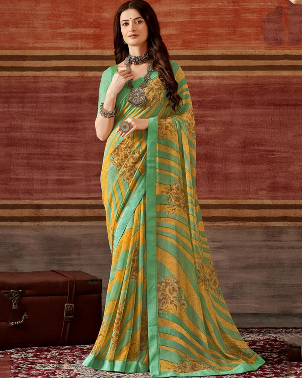 Vishal Prints Dark Mint Green Printed Georgette Saree With Fancy Border