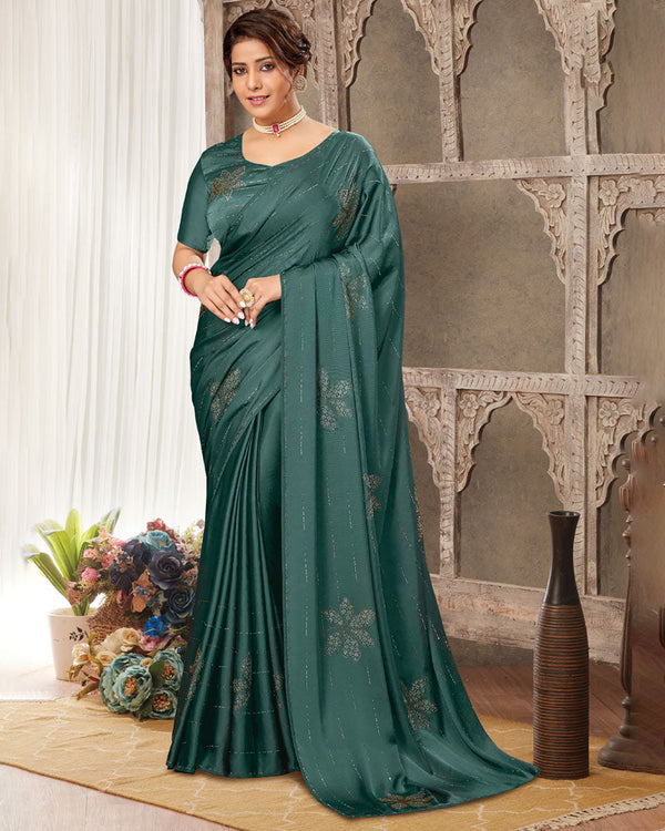 Vishal Prints Dark Teal Green Satin Saree With Stone Diamond Work