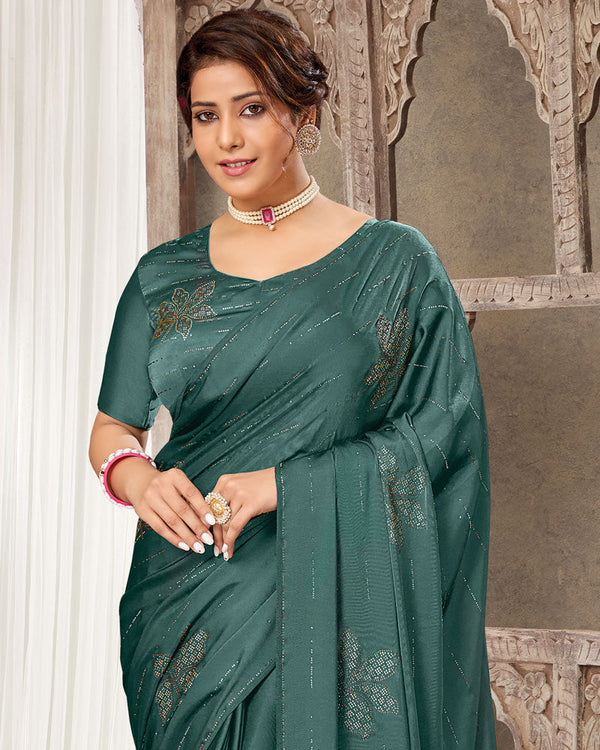 Vishal Prints Dark Teal Green Satin Saree With Stone Diamond Work