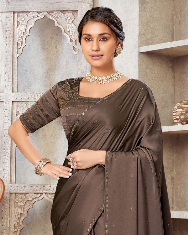 Vishal Prints Dark Brown Satin Saree With Stone Diamond Work