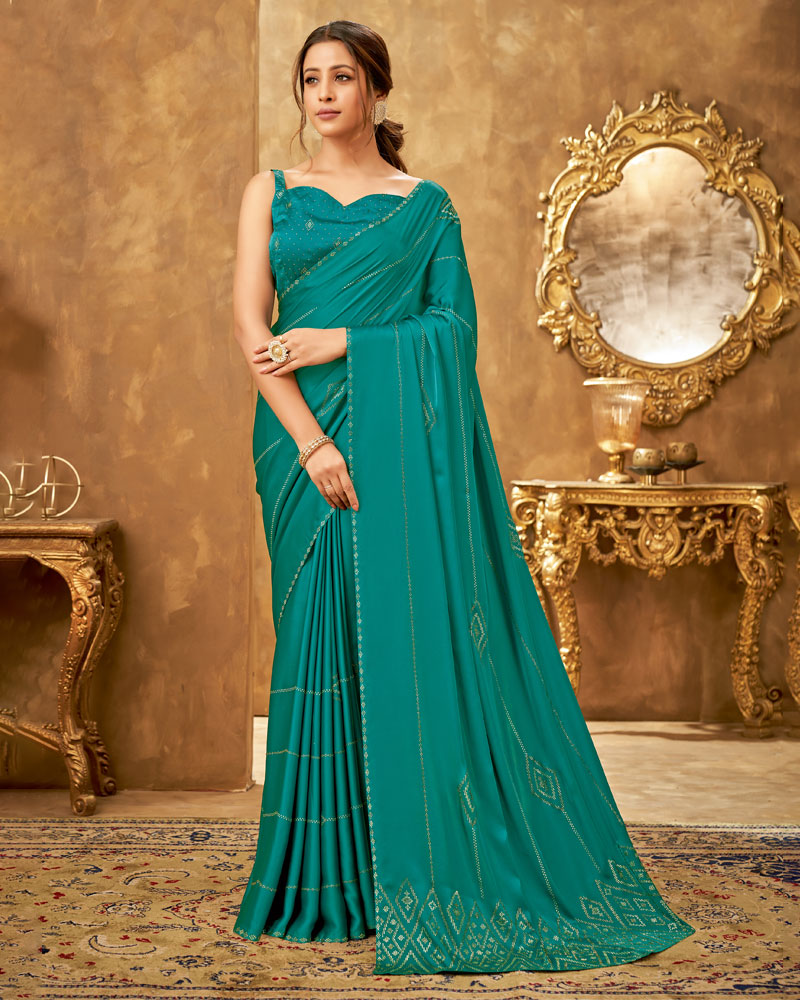 Vishal Prints Teal Satin Saree With Stone Work