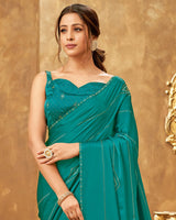 Vishal Prints Teal Satin Saree With Stone Work