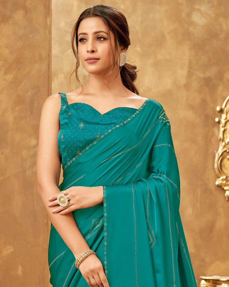 Vishal Prints Teal Satin Saree With Stone Work