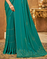 Vishal Prints Teal Satin Saree With Stone Work