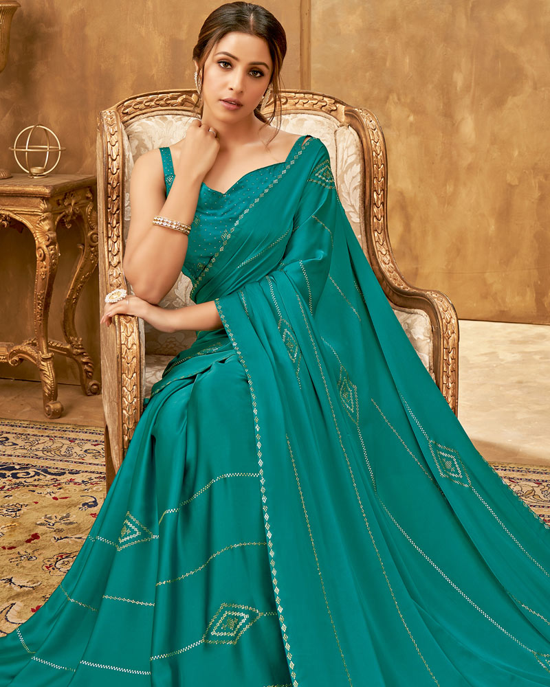 Vishal Prints Teal Satin Saree With Stone Work