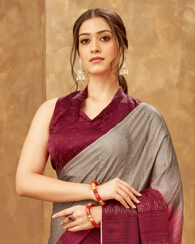 Vishal Prints Olive Grey, Maroon Satin Saree With Stone Work With (Crushed Pattern)