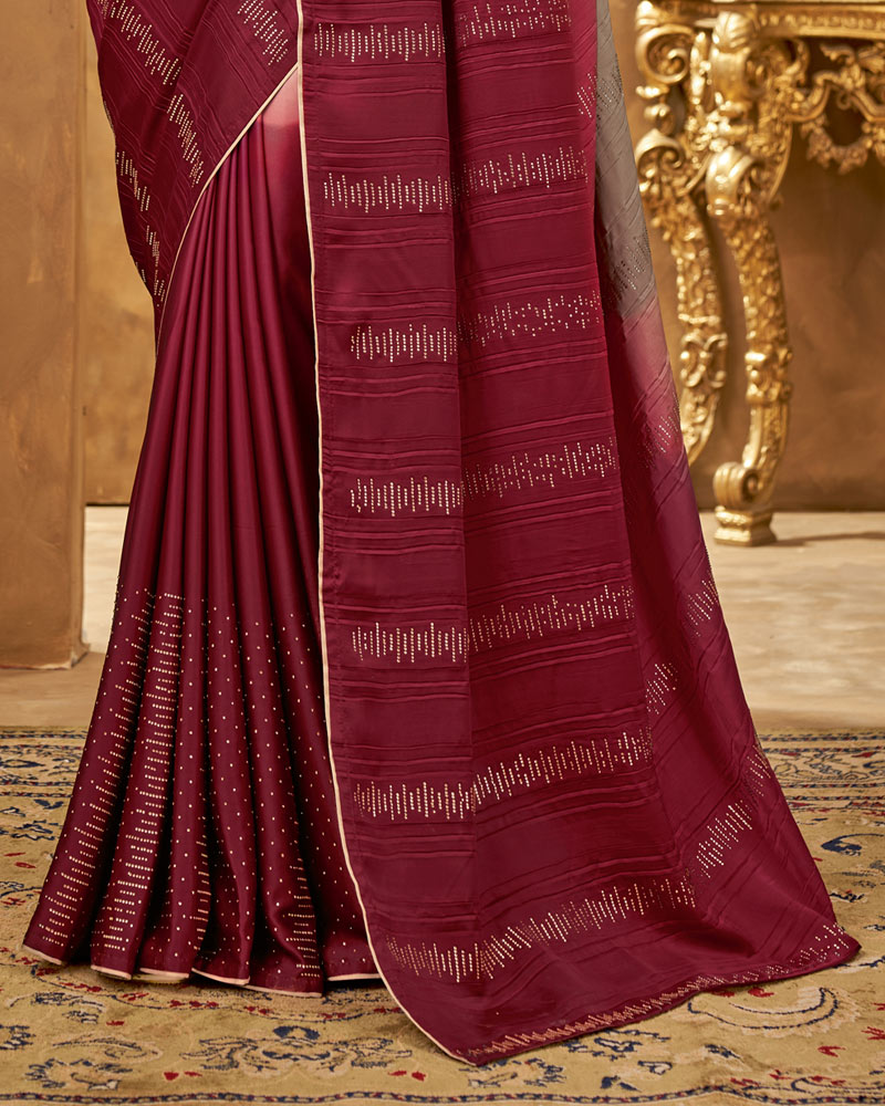 Vishal Prints Olive Grey, Maroon Satin Saree With Stone Work With (Crushed Pattern)