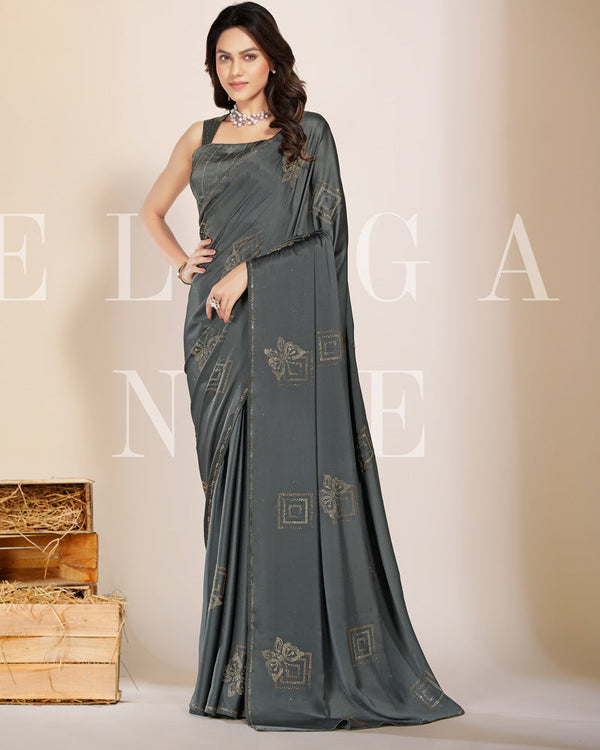 Vishal Prints Carbon Grey Premium Satin Saree With Stone Diamond Work