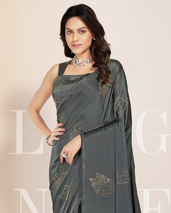 Vishal Prints Carbon Grey Premium Satin Saree With Stone Diamond Work