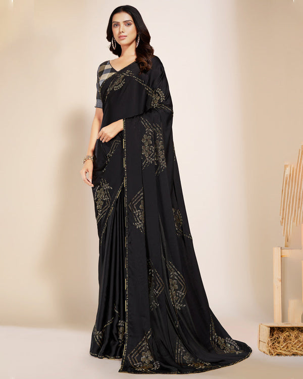 Vishal Prints Midnight Black Premium Satin Saree With Stone Diamond Work