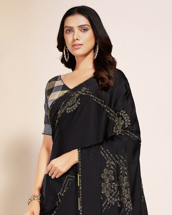 Vishal Prints Midnight Black Premium Satin Saree With Stone Diamond Work