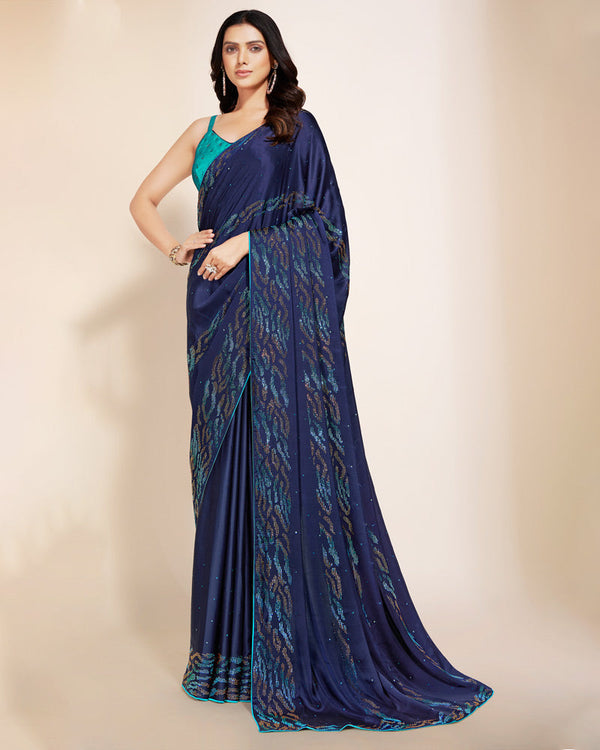 Vishal Prints Bright Blue Premium Satin Saree With Stone Diamond Work