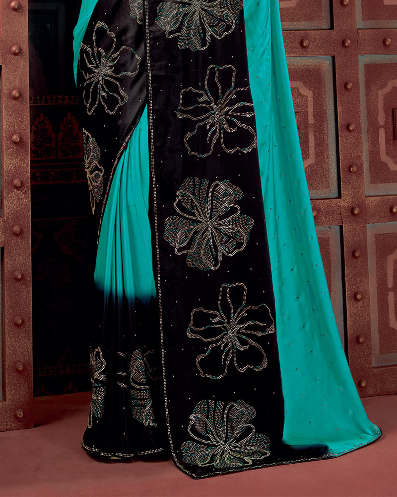 Vishal Prints Dark Turquoise Blue Premium Satin Saree With Stone Diamond Work