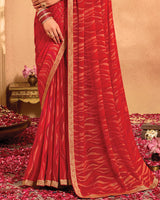 Vishal Prints Cherry Red Printed Brasso Saree With Zari Border