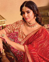 Vishal Prints Cherry Red Printed Brasso Saree With Zari Border