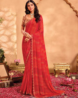 Vishal Prints Cherry Red Printed Brasso Saree With Embroidery Cut Work Border