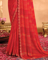 Vishal Prints Cherry Red Printed Brasso Saree With Embroidery Cut Work Border