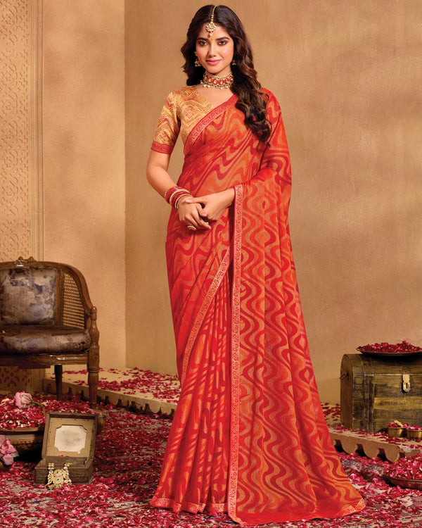 Vishal Prints Cherry Red Printed Brasso Saree With Zari Border