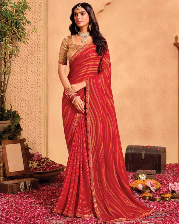 Vishal Prints Cherry Red Printed Brasso Saree With Embroidery Cut Work Border