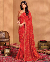 Vishal Prints Cherry Red Printed Brasso Saree With Zari Border