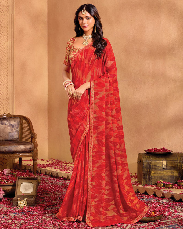 Vishal Prints Cherry Red Printed Brasso Saree With Zari Border