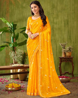 Vishal Prints Golden Yellow Printed Chiffon Saree With Foil Print And Zari Border