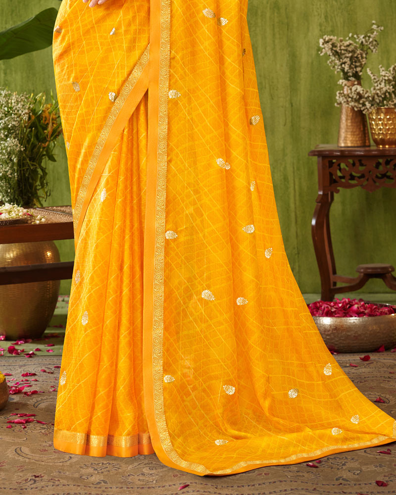 Vishal Prints Golden Yellow Printed Chiffon Saree With Foil Print And Zari Border