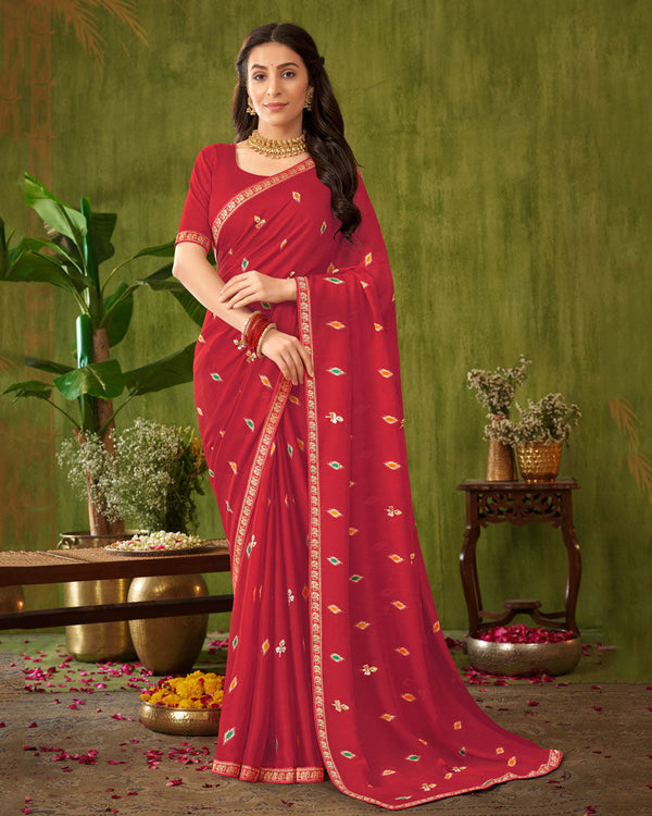 Vishal Prints Dark Red Printed Chiffon Saree With Foil Print And Zari Border