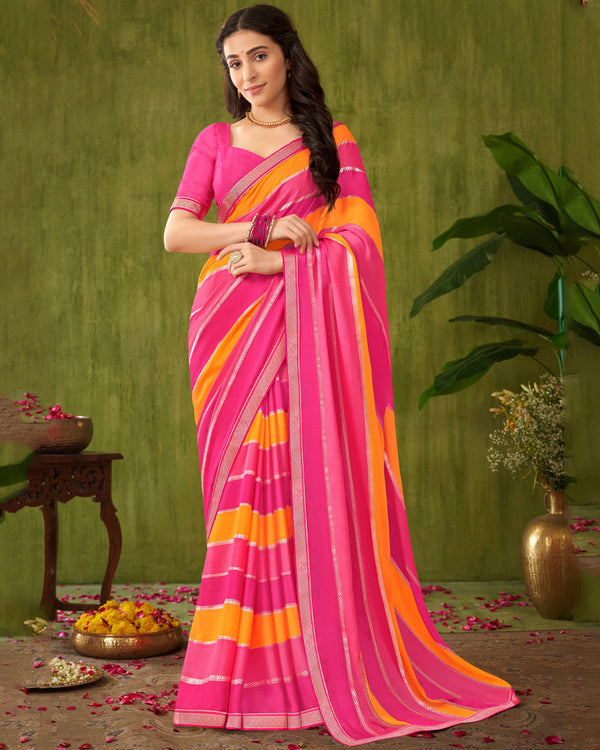 Vishal Prints Dark Pink Printed Chiffon Saree With Foil Print And Zari Border