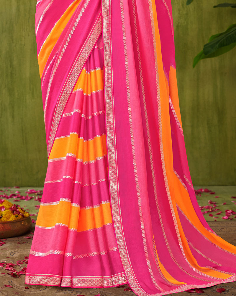 Vishal Prints Dark Pink Printed Chiffon Saree With Foil Print And Zari Border