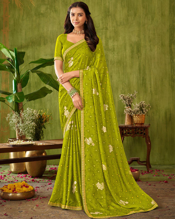 Vishal Prints Lucky Green Printed Chiffon Saree With Foil Print And Zari Border