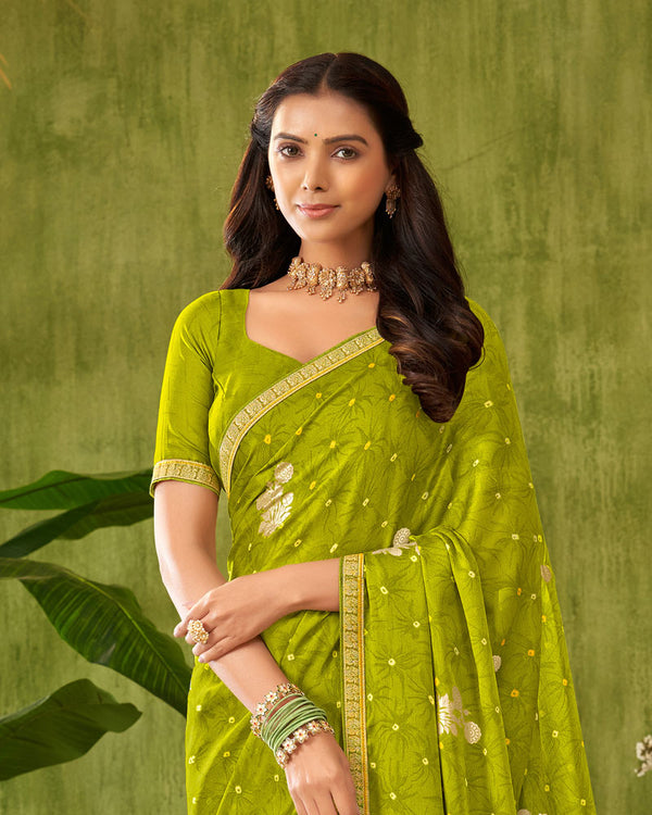 Vishal Prints Lucky Green Printed Chiffon Saree With Foil Print And Zari Border