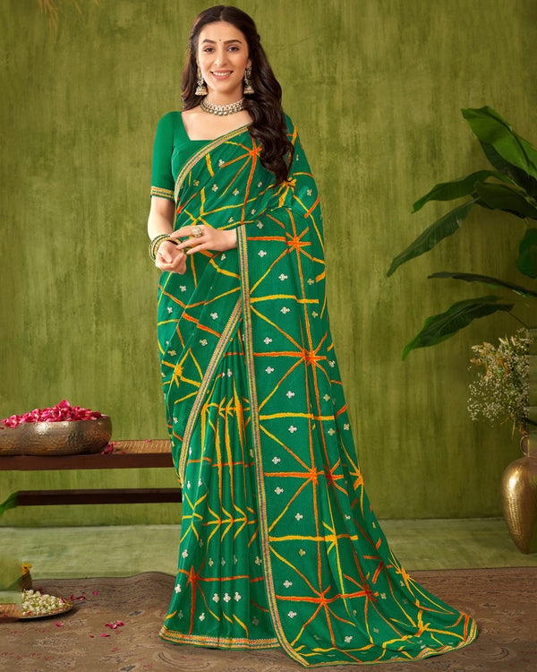 Vishal Prints Dark Sea Green Printed Chiffon Saree With Foil Print And Zari Border