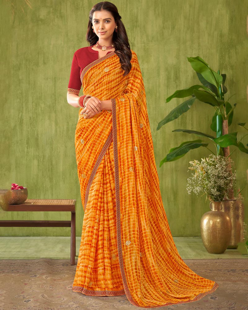 Vishal Prints Mustard Printed Chiffon Saree With Foil Print And Zari Border