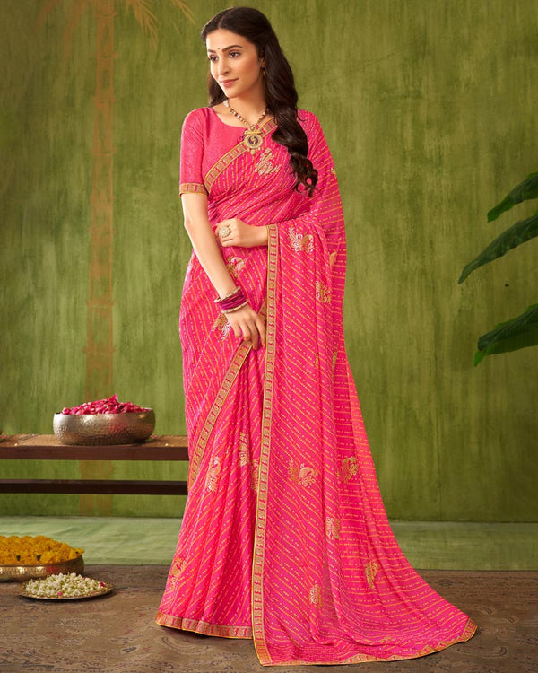 Vishal Prints Dark Pink Printed Chiffon Saree With Foil Print And Zari Border