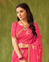 Vishal Prints Dark Pink Printed Chiffon Saree With Foil Print And Zari Border